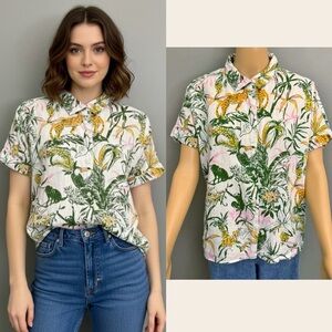 RACHEL ZOE 100% Linen Floral Tropical Pattern Festival Purple Shirt Blouse Large